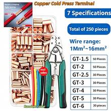 250pcs GT Copper Tube Cold Pressing Wire Terminals Set, Includes Crimping Pliers, 7 Sizes 1-16mm² Pure Copper Wire Connectors, Portable Quick Wiring Terminals, Suitable For Automotive Machinery DIY Electrical Wire Cable Connection - GT Copper Pipe Crimp Terminal - View 2