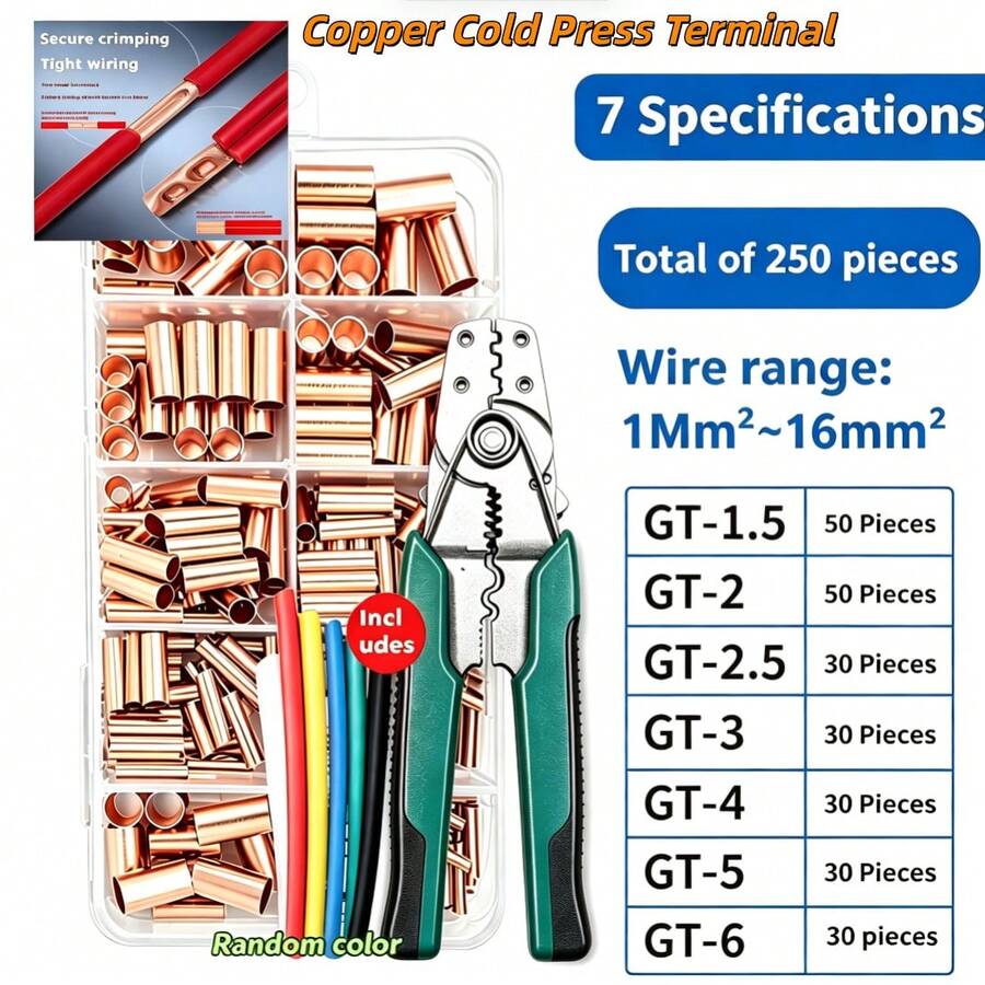 250pcs GT Copper Tube Cold Pressing Wire Terminals Set, Includes Crimping Pliers, 7 Sizes 1-16mm² Pure Copper Wire Connectors, Portable Quick Wiring Terminals, Suitable For Automotive Machinery DIY Electrical Wire Cable Connection