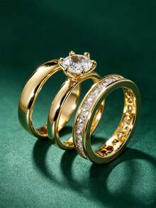 3pcs Elegant Cubic Zirconia Ring Set, Women's Wedding Anniversary Accessory Gift - 1# - View 1