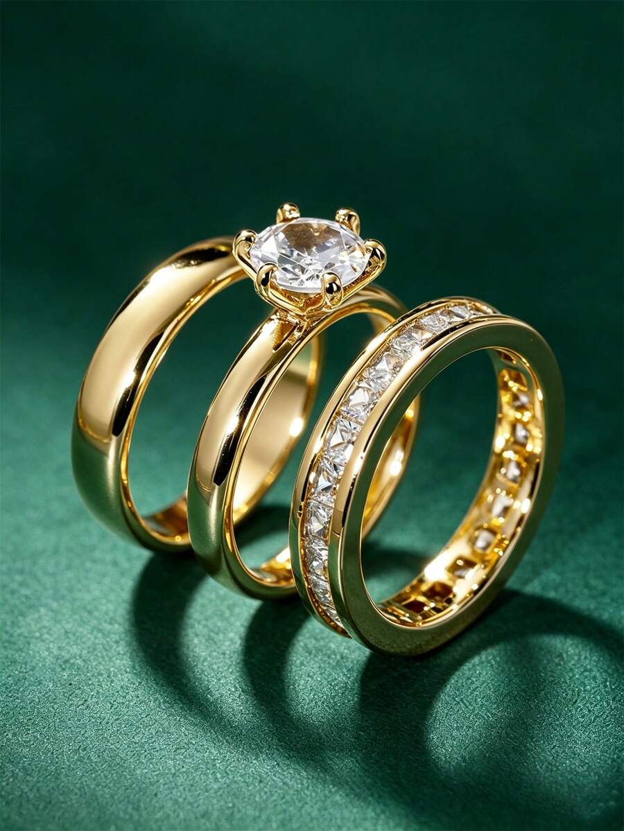 3pcs Elegant Cubic Zirconia Ring Set, Women's Wedding Anniversary Accessory Gift - 1# - View 1