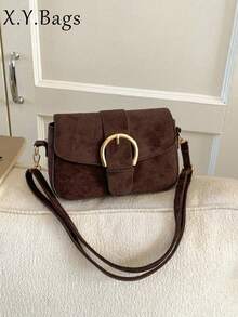 Women's Flap Small Handbag, Fashionable Metal Buckle Decor Square Bag, Shoulder Crossbody Bag - Coffee - View 8