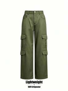 Women's Army Green High Waist Multi-Pocket Cargo Pants, Lightweight Wide Leg Casual Loose Long Pants - Army Green - View 6