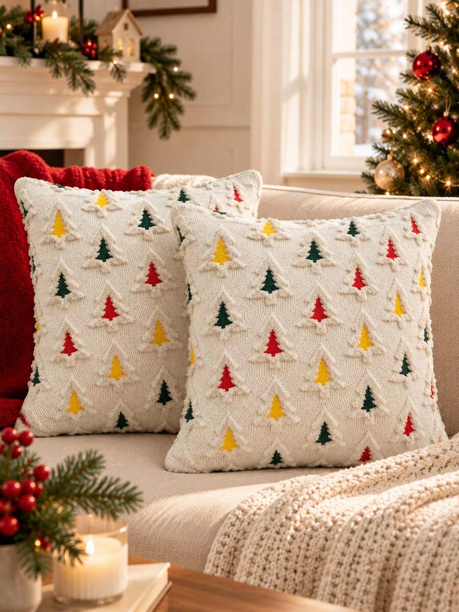 Cream White 3D Knitted Christmas Pillow Cover, Soft Decorative Cushion Cover With Christmas Tree Pattern, Rustic-Style Holiday Pillow Cover, Perfect For Sofa And Bedroom Home Decor, Suitable For Everyday Use, Parties, And Christmas. - Colorful - View 1