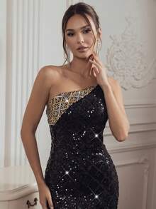 FEELAIR New One Shoulder Sleeveless Fitted Backless Heavy Sequin Long Dress, Suitable For Vacation, Party, Women's Formal Banquet, Slit Skirt - Black - View 3