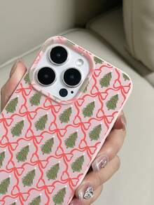 1pc Pink Litchi Texture TPU Anti-Drop Painted Bow Christmas Tree Pattern Phone Case Compatible With IPhone 15/15pro/15plus/15promax/16/16pro/16plus/16promax/17 - Multicolor - View 2