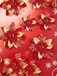 15 bộ hoa giả Poinsettia Giáng Sinh lấp lánh, hoa cây thông Noel 5.7 inch kèm kẹp, phù hợp trang trí vòng hoa, trang trí Giáng Sinh, trang trí cây thông Noel, đám cưới, tiệc tùng, trang trí nhà cửa - Đỏ - Xem 10