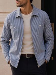 GOLDREDY Men's Vertical Striped Lapel Zip-Up Shacket, Loose Fit, Dual Pockets, Workwear Long Sleeve Cardigan, Spring/Autumn - Blue - View 5