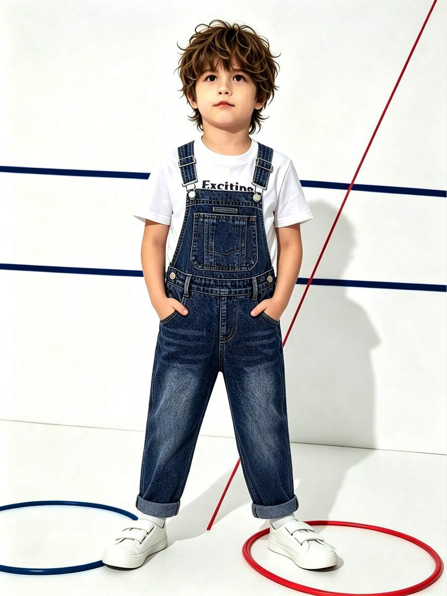 Young Boy Simple Light Blue Wide Leg Neutral Denim Overalls With Adjustable Shoulder Straps, Versatile Wide Leg Dungarees, All-Season Style, Without T-Shirt