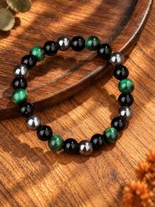 Natural Green Tiger's Eye & Black Obsidian Stone Protection Bracelet, Good Luck, Balance, Confidence, Bohemian Style Party Jewelry Gift For Men Women - Multicolor - View 2