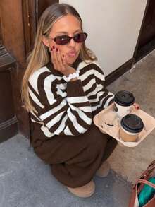 Senya Casual Fashion Striped Crew Neck Single-Breasted Cardigan And Straight Leg Pants Set, Exquisite Urban Commute Knit Two Pieces Set - Coffee Brown - View 6