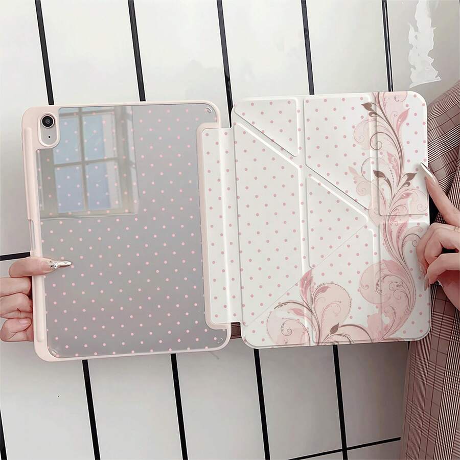 奶油粉波點復古捲軸花卉保護平板保護套，附筆槽，相容於 iPad 10th Generation/ Air 13(M3 2025)/ Air 11(M3 2025)/ 11(A16 2025)/相容於 Galaxy S9/S7/S10+/相容於 Galaxy Tab S6 Lite 10.4 吋/相容於 Matepad
