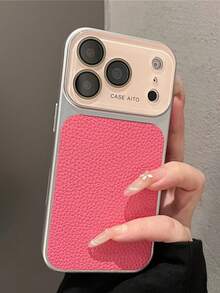 豪華電鍍邊框 AG 玻璃相機保護荔枝紋人造皮革手機殼，適用於 iPhone 18 Pro Max 17 Pro Max 17 Pro 17 16 15 14 13 Pro Max，防震軟背蓋 - 亮粉色 - 查看 4