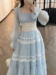 Elegant Lace Square Collar Evening Party Dress Women Autumn New Long Sleeve Ruffle Modest Wedding Graduation Prom Dresses Vintage Festival Outfit - Baby Blue - View 7