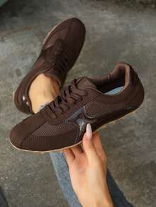 2026 New Women Thick Sole Sneakers, Lace-Up Casual Chunky Sneakers, Flat Platform, Breathable Patchwork, Height Increasing - Coffee Brown - View 4