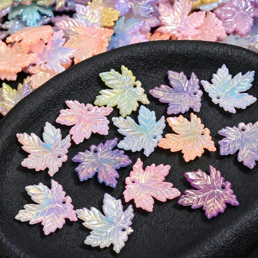 50Pcs Thanksgiving Maple Leaf Acrylic Pendants, 20mm AB Color Fall Leaf Charms, Colorful Autumn Loose Beads For DIY Jewelry Making & Crafts Supplies - Random Color - View 1
