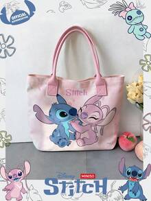 Miniso Disney Stitch & Angel Pink Tie-Dye Canvas Tote Bag, Casual Shoulder Bag With Handle, Suitable For Daily Use - Pink - View 7
