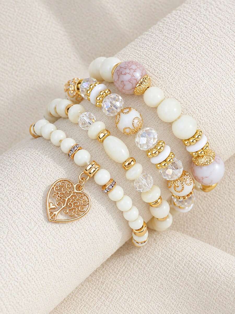 Set Gelang Manik-Manik Liontin Berbentuk Hati 4 Buah, Hadiah Hari Valentine & Hari Ibu - MultiWarna - View 1