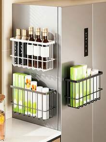 Magnetic Refrigerator Storage Rack-A Drill-Free, Wall-Mounted Basket Designed For The Side Of The Fridge. It Offers High Capacity And Space-Saving Storage For Items Such As Plastic Wrap, Straws, Seasoning Bottles, And Kitchen Paper Towels. - Multicolor - View 3