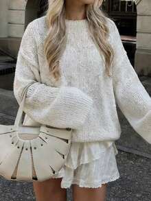 Live To Mo Women's White Round Neck Long Sleeve Pullover Sweater, Casual And Versatile, Chic For Fall Back To School Season, Daily Street Wear - White - View 10