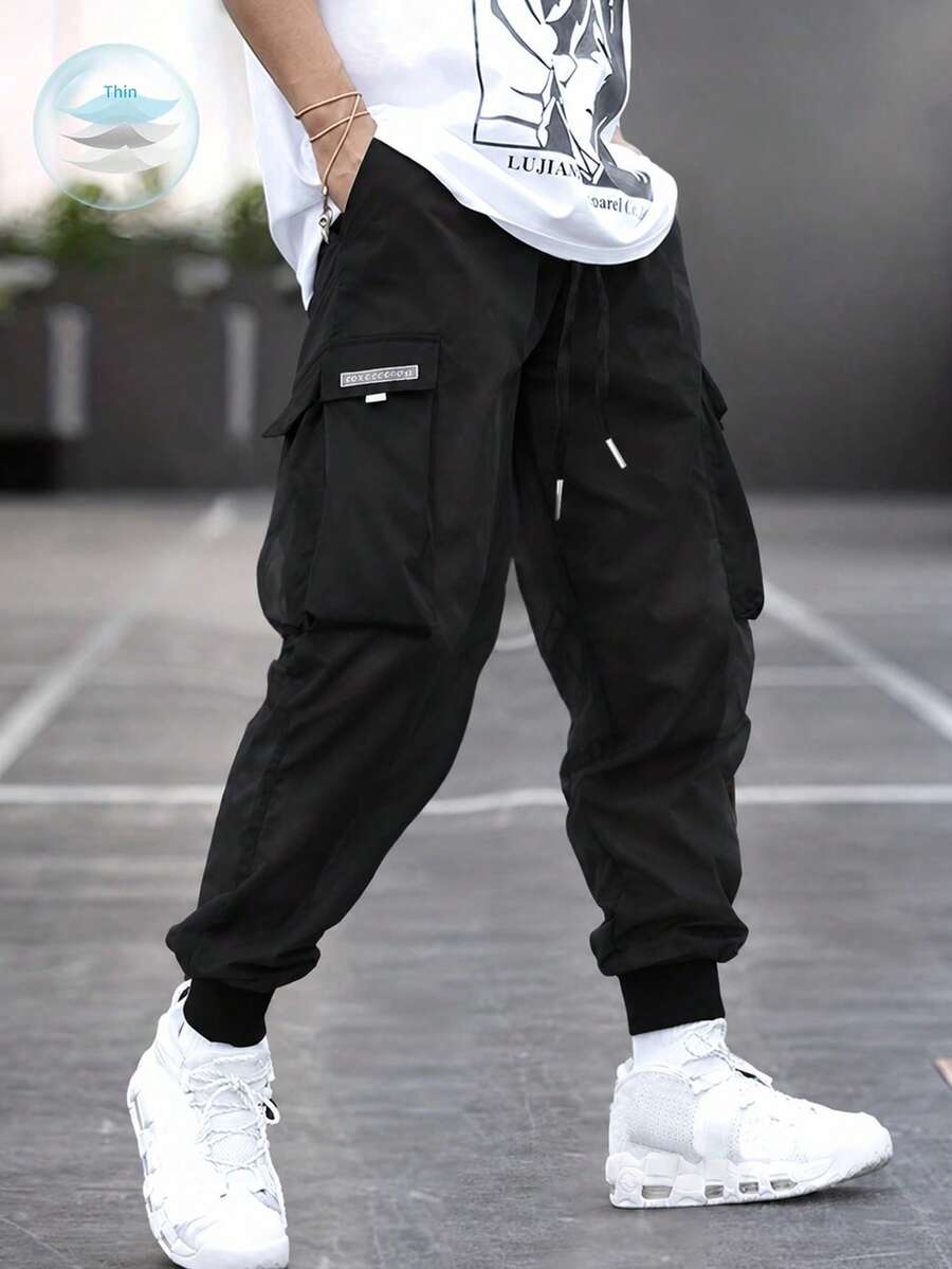Men's Letter Print Flap Pocket Drawstring Waist Cargo Pants, Suitable For Autumn - Black - View 1