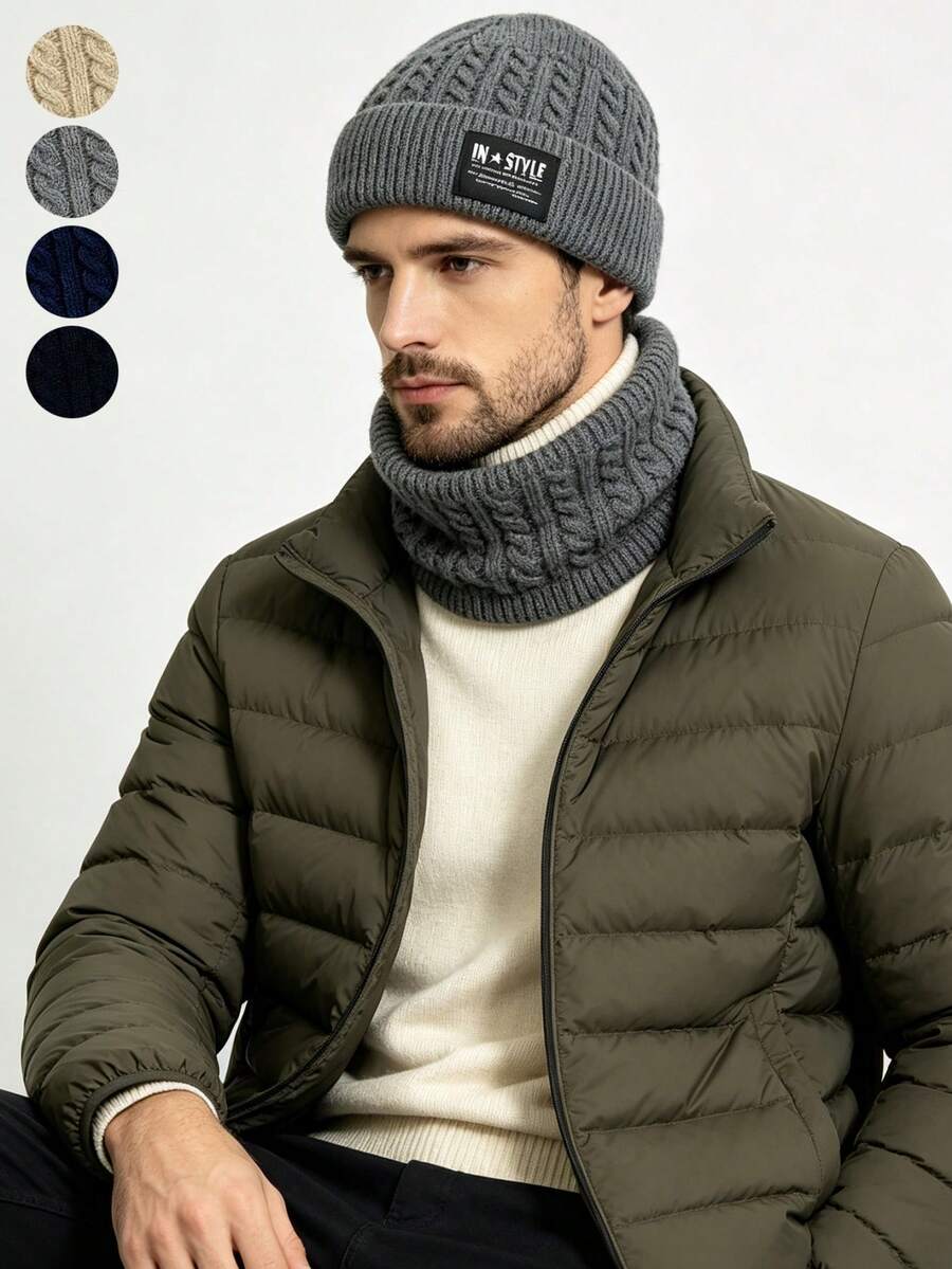 2pcs/Set Autumn/Winter Unisex Knitted Hat & Scarf Set, Solid Color Cable Knit Woolen Beanie & Neck Warmer, Warm Outdoor Set