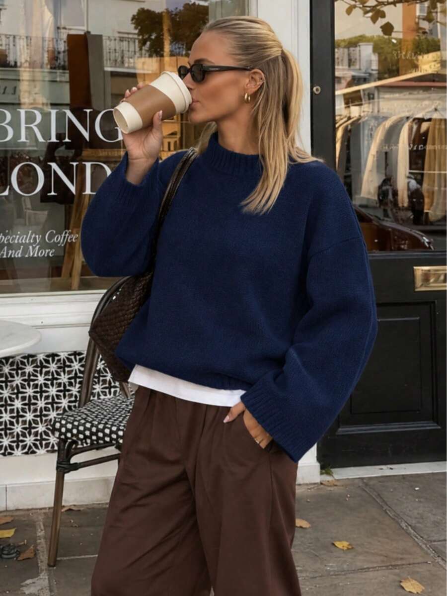 Women's Fashion Long Sleeve Knitted Base Layer Top, Autumn/Winter New Soft Gentle Style Loose Fit Sweater - Royal Blue - View 1