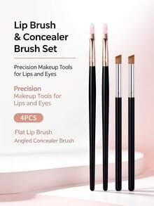4pcs Professional Makeup Brush Set Soft Bristle Lip Brush + Angled Concealer Brush Precise Lip Line Definition Conceal Blemishes Dark Circles Beginner Portable Eye & Lip Makeup Tools - Black - View 9