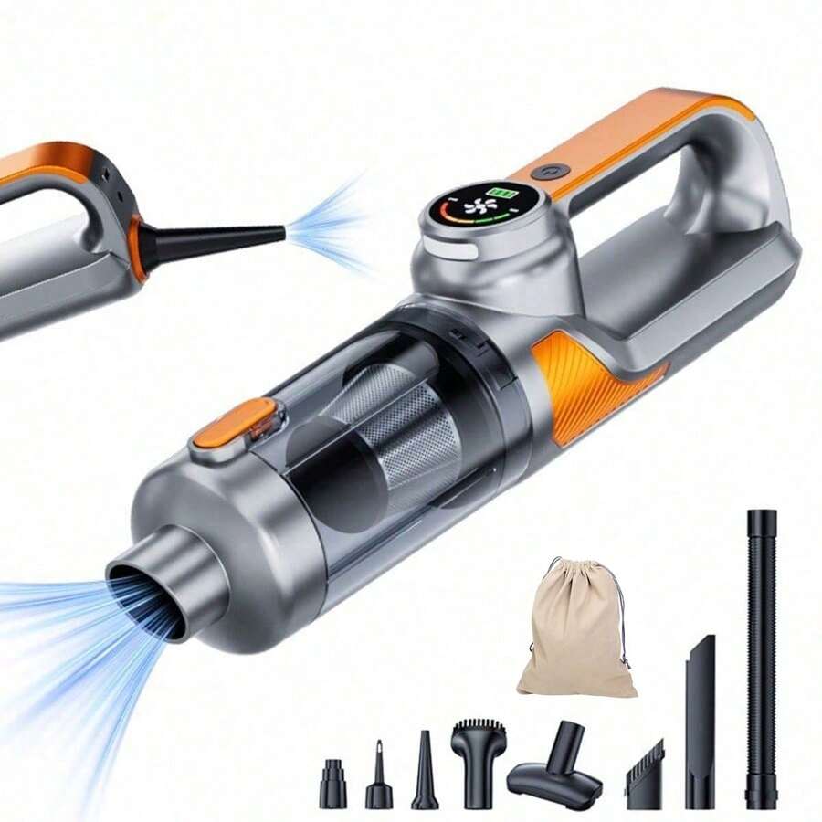 Handheld Wireless Car Vacuum Cleaner, A High-Power Handheld Vacuum Cleaner With Led Lighting And Multiple Nozzles, A Vacuum And Air Duster,Suitable For Cars, Homes, Offices, And Pets. 11.1V 2000mAh - Silver Orange - View 1
