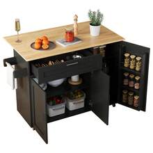 132.5*44(70)*90cm Kitchen Island On Wheels, Rolling Storage Trolley With Foldable Tabletop, Multifunctional Cabinet, Spice Rack, Towel Holder, 5 Wheels, Suitable Kitchen/Dining/House - Black+Natural + MDF - View 6