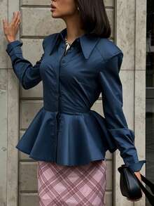 Women's Elegant Commuter Collared Long Sleeve Cinched Waist Ruffle Hem A-Line Blouse (With Shoulder Pads) Solid Color Front Button Closure For Daily Wear And Dating - Blue - View 4