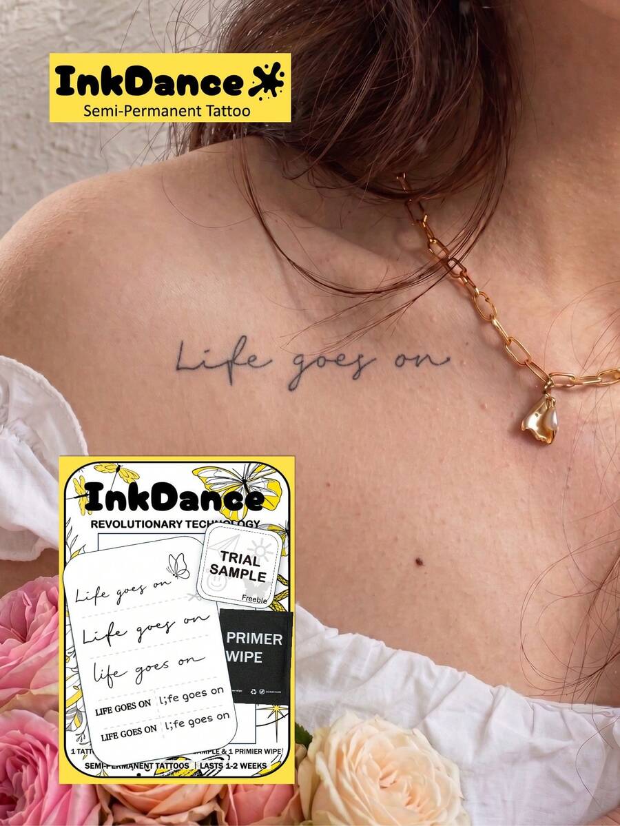 1 Set "Life Goes On" New Technology Tattoo Stickers, Semi-Permanent, English Quote, Handwritten Style, Cursive, Meaningful, Minimalist, Temporary Tattoo, Realistic Tattoo, Waterproof And Long-Lasting, Realistic Design, Plant-Based Formula, Ink Dance X143 - Black - View 1