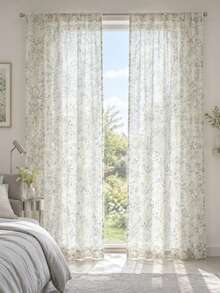 1pc Linen Ditsy Floral, Fresh Style. Decorate Holiday Atmosphere, Privacy Sunshade Curtain. - Creamy White - View 1