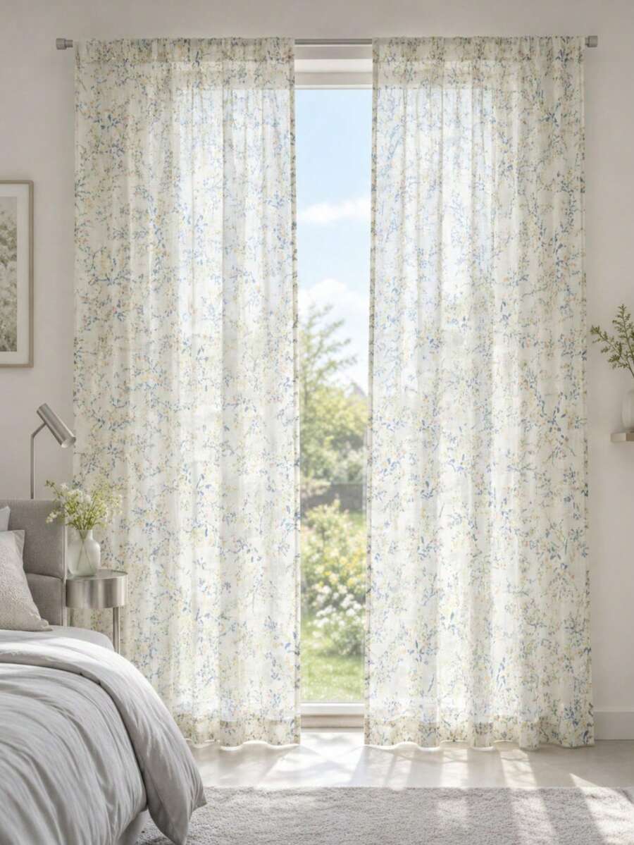1pc Linen Ditsy Floral, Fresh Style. Decorate Holiday Atmosphere, Privacy Sunshade Curtain. - Creamy White - View 1