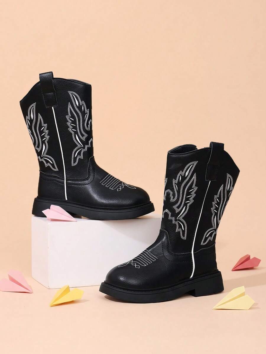 Sepatu Bot Koboi Wanita Minimalis Keren dengan Bordir Sayap, Warna Hitam, Resleting Samping, Cocok untuk Pemakaian Sehari-hari di Musim Gugur/Dingin - Hitam - View 1