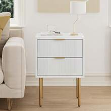 Mesita de Noche Moderna de Mediados de Siglo, 2 Cajones de Almacenamiento, Mesa Auxiliar Lateral con Marco Dorado, Color Blanco, para Recámara y Sala de Estar - Negro - Ver 10