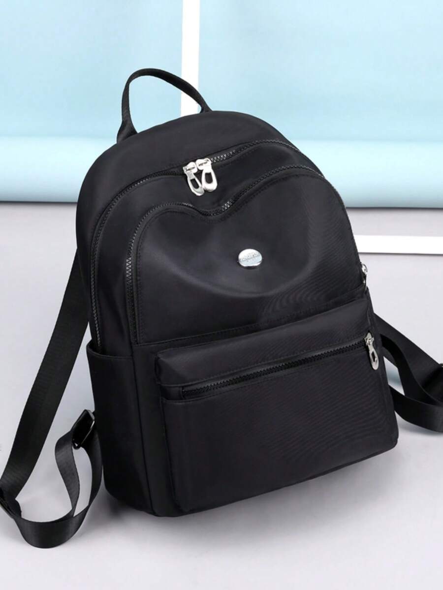 Casual Daypack, Solid Black Nylon Backpack, Adjustable Padded Shoulder Straps, Office Weekend Trip Daily Use, Multi Zipper Pocket Simple Rucksack - Multicolor - View 1