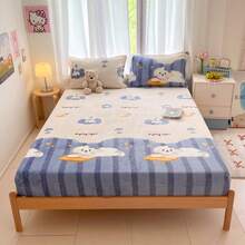 1pc Cartoon Print Flannel Fitted Sheet, Soft & Comfortable, Skin-Friendly & Breathable, Fashionable & Fresh Bedding, Mattress Protector, Suitable For Hotel, Bedroom, Guest Room, Student Dorm, All Seasons - Baby Blue - View 2