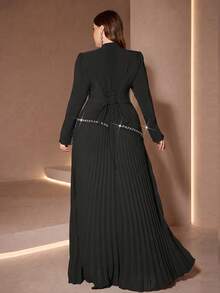 Plus Size Dress Women's Solid Color Small Stand Collar Asymmetrical Rhinestone Embellished Cuff Rhinestone Embellished Hem Pleated Extra Wedding - Black - View 2