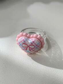 1/5pcs Heart Bear Bow Resin Rings, Pink & Chocolate Color Block Design, Suitable For Women, Holiday Gift, Daily Wear, Valentine's Day Friend Gift - Multicolor - View 16