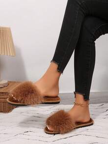 Spring Autumn Winter New Women's Faux Fur Open Toe Slippers, Fluffy Soft Plush Flat One-Strap Slides, Comfortable Warm Indoor Home Slippers - Brown - View 5