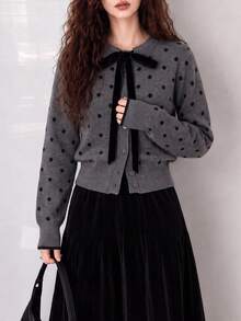 Women's Autumn/Winter Polka Dot Pattern Tie Neck Round Collar Cardigan Knit Sweater - Grey - View 3