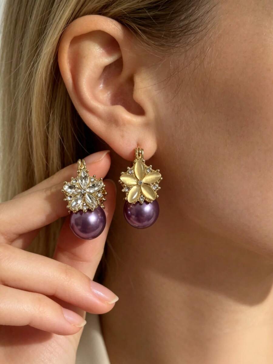 1 Pair Of Fashionable Personalities Exquisite And Elegant Flower Earrings Suitable For Wedding Parties And Gift Giving - Purple - View 1