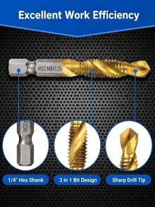公制組合式攻牙鑽頭套組 (M3-M10),1/4" 六角柄 HSS 螺紋鑽頭,適用於鋁材、薄金屬片、木材和塑料 - 多款多色 - 查看 7
