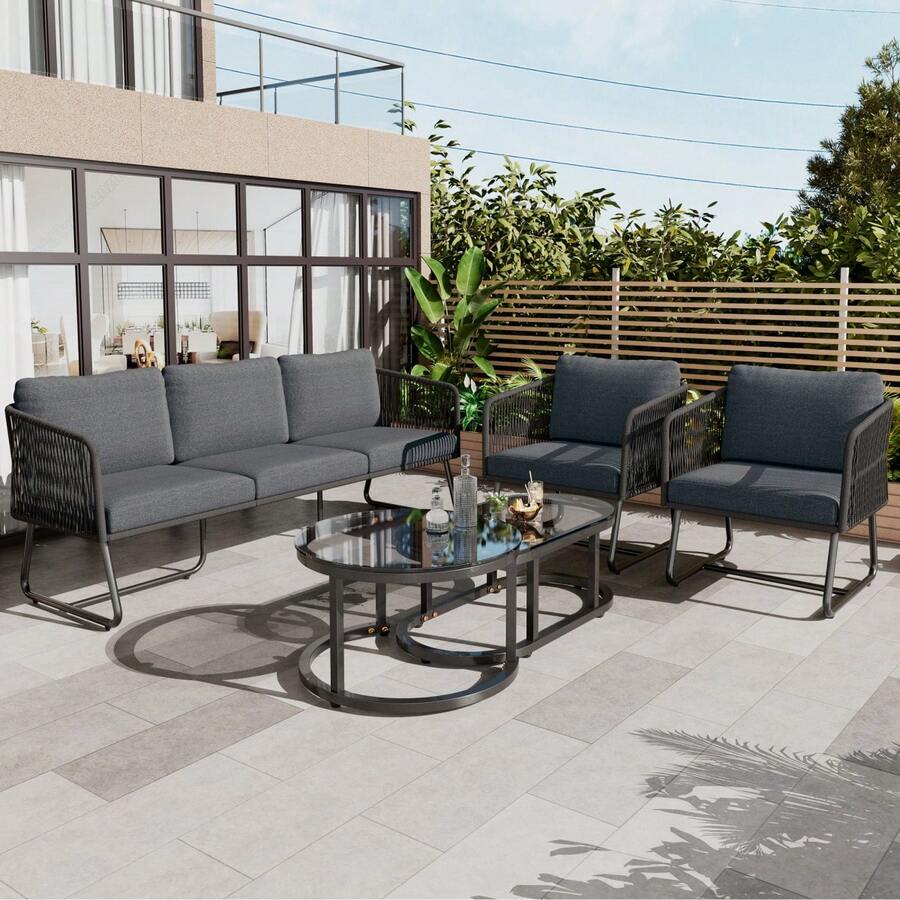 Outdoor Patio&Backyard Furniture Garden Lounge Set, Thick Quality Space Saving Sofas With Glass Coffee Table, - Grey + Iron - View 1
