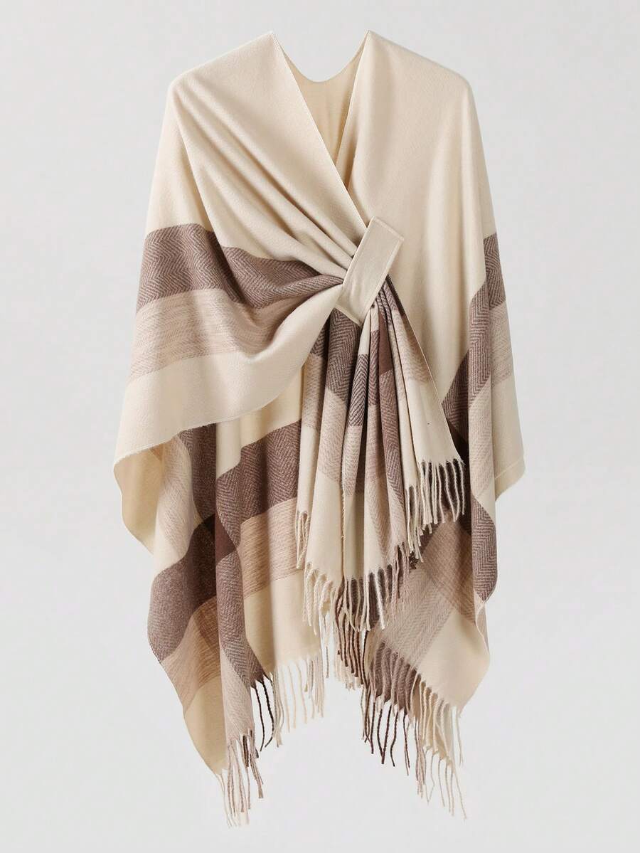 1pc Women's Plaid Warm Poncho Shawl Coat, Suitable For Daily Wear - Beige - View 1