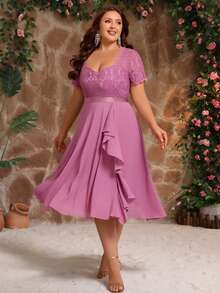 Plus Size Women's Elegant Romantic Flowy Chiffon Bridesmaid Dress, Suitable For Wedding Guests, Bridesmaids, Cocktail Parties, Graduation Ceremonies, Easter, Spring/Summer Wear - Lilac Purple - View 11