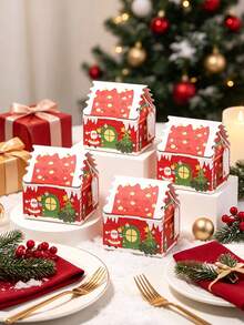 6pcs/24pcs/50pcs/Pack Christmas 3D Christmas House Party Gift Paper Bags Candy Snack Boxes Paper Boxes Decoration Atmosphere Paper Boxes Christmas House Tabletop Small Gifts Includes Rope And Cards - View 17