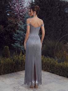 FEELAIR New Cold Shoulder Spaghetti Strap Heavy Rhinestone Tassel Long Dress, Grey Slim Fit Evening Gown, Suitable For Party, Banquet And Formal Occasions - Gray Blue - View 8