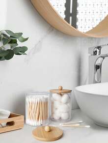 Modern Bathroom Storage Jar Set With Bamboo Tray, 2 Clear Q Tip And Cotton Ball Holders With Bamboo Lids For Vanity Countertop Decor - Multicolor - View 5