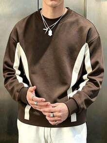 Men's Loose Fit Crew Neck Sweatshirt, Soft And Comfortable Casual Pullover, Suitable For Daily Wear - Brown - View 3